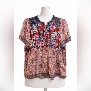 Umgee Boho Floral Patchwork Blouse 1X Peasant Top Cottagecore